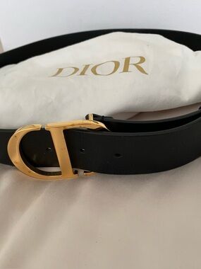 Dior Montaigne Calfskin Black Leather Belt with Gold CD-Style Buckle Size 30